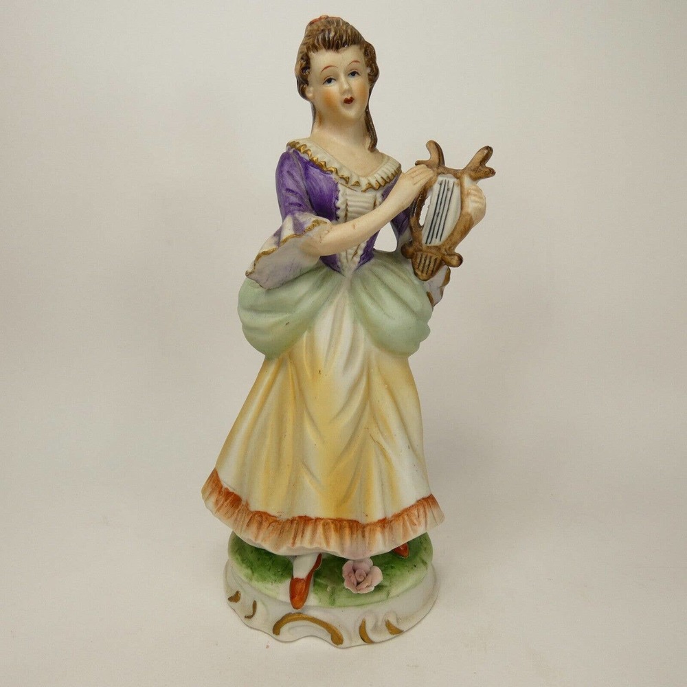 Vintage House Of De Bec Porcelain Lady /w musical harp Figurine #1015 SEJ&9